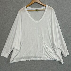 Comfy USA V-Neck Oversized Boxy Top Shirt White Batwing Pocket Size Large READ